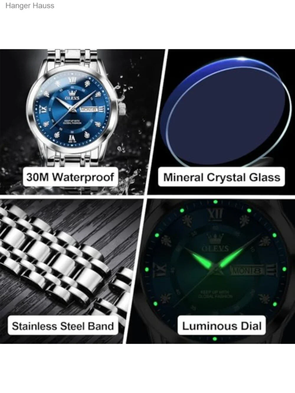 Men's Stainless Steel Watch Large Face Roman Numerals Diamond Accented Analog